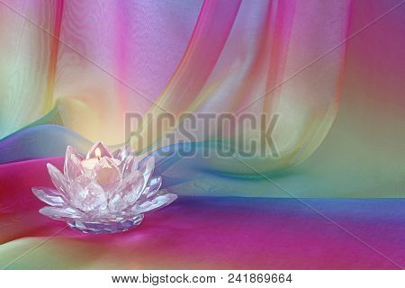 Lotus Light Rainbow Chiffon Background - A Lotus Flower Shaped Cut Glass Candle Holder With A Lit Ca
