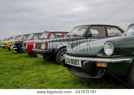 Anglesey, Uk: Feb 20, 2018: Retro Motor Cars On Display At The Anglesey Vintage Rally