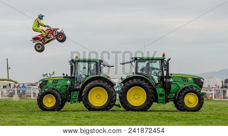 Anglesey, Uk: Feb 20, 2018: The Kangaroo Kid Display Team Perform Stunts Using A Quad Bike At The An