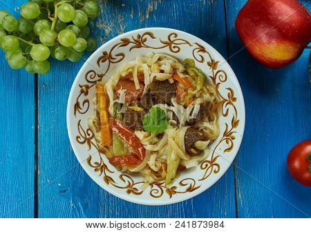 Uzbek Qorasaroy Lagmon , Traditional Assorted Dishes, Top View.  Central Asian Cuisine