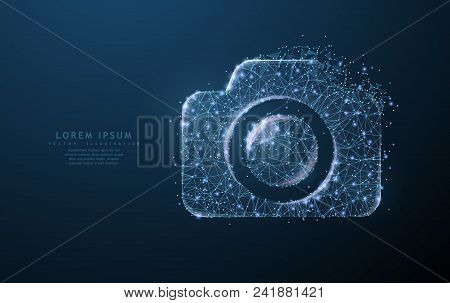 Vector Photo Camera. Abstract Polygonal Wireframe Camera Illustration On Dark Blue Night Sky Backgro