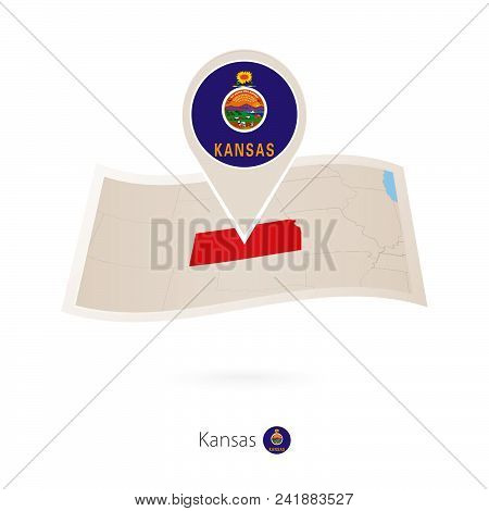 Folded Paper Map Of Kansas U.s. State With Flag Pin Of Kansas. Vector Illustration