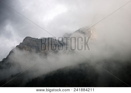 Rocky wall in the Pyrenees, Ordesa Valley National Park, Aragon, Huesca, Spain.
