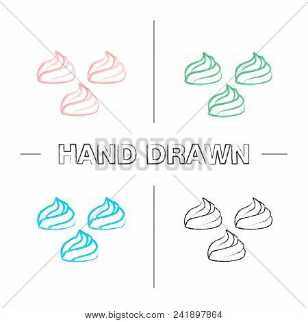 Meringues Hand Drawn Icons Set. Marshmallow. Color Brush Stroke. Isolated Vector Sketchy Illustratio