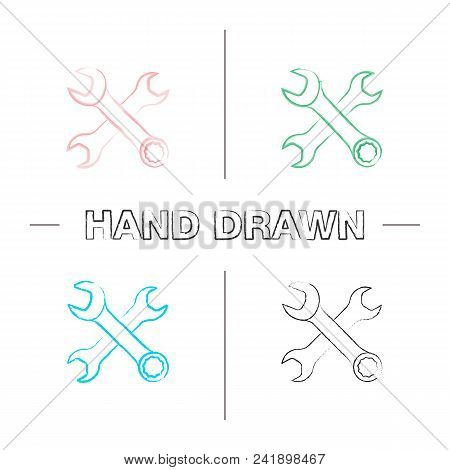 Crossed Wrenches Hand Drawn Icons Set. Double Open Ended And Combination Spanners. Color Brush Strok