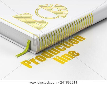 Manufacuring Concept: Closed Book With Gold Factory Worker Icon And Text Production Line On Floor, W
