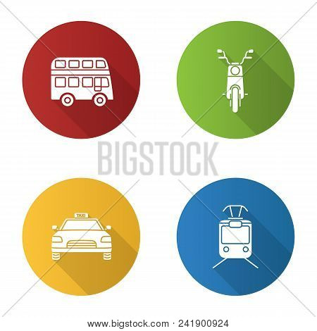 Public Transport Flat Design Long Shadow Glyph Icons Set. Modes Of Transport. Double Decker Bus, Sco