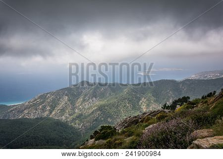 View Of The Aegean Sea Near The Zeus Temple In The Mountains. Rhodes Island, Greece .