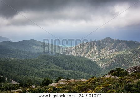 View Of The Aegean Sea Near The Zeus Temple In The Mountains. Rhodes Island, Greece .