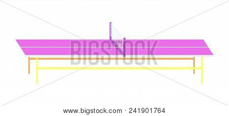 Cute Tennis Table Isolated On Bright Backdrop, Yellow Stands, White Net, Table With Lilac Surface Fo
