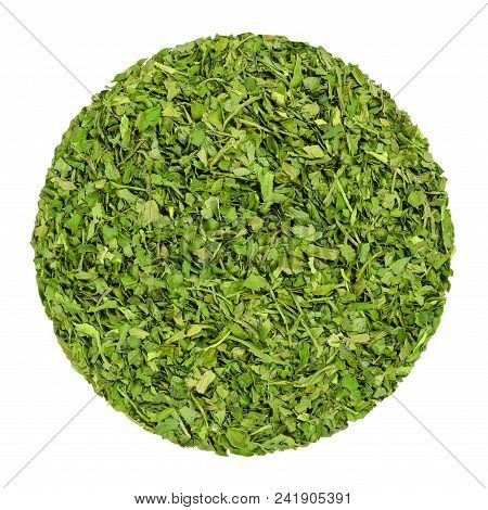 Dried Parsley. Herb Circle From Above, Isolated, Over White. Disc Made Of Chopped Garden Parsley, Al