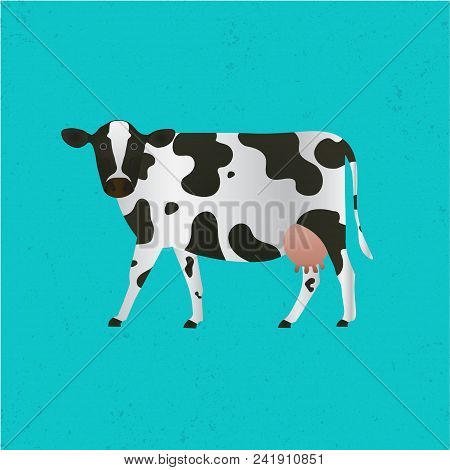 Cow Isolated On Green Background. Vector Illustration In Cartoon Flat Design Style