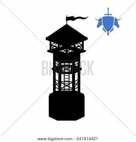 Black Silhouette Of Human Tower. Fantasy Object. Archer Medieval Watchtower. Game Fortress Icon. Vec