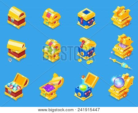 Chest Icon Isometric Vector Treasure Box With Gold Money Wealth Or Wooden Pirate Chests With Golden 