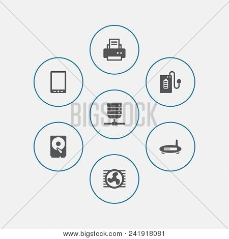 Set Of 7 Notebook Icons Set. Collection Of Cooler, Powerbank, Tablet And Other Elements.