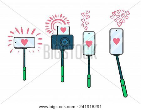 Set Selfie Stick Icon. Vector Illustration Isolated On White Background. Concept Sign A Blogger Broa