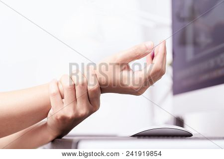 Woman Wrist Arm Pain Long Use Mouse At Office. Office Syndrome Healthcare And Medicine Concept