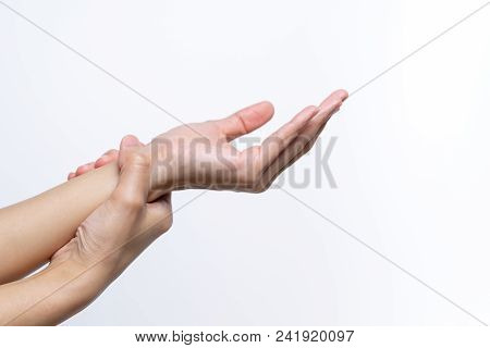 Woman Wrist Arm Pain Long Use Mouse At Office. Office Syndrome Healthcare And Medicine Concept