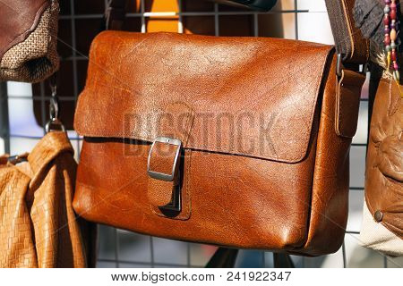 Vintage Brown Leather Messenger Bag Close-up. Natural Leather