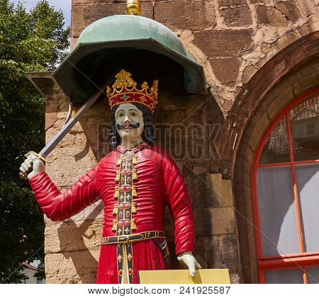 NORDHAUSEN, THURINGIA/GERMANY - JULY 13, 2017: Roland landmark figure is a medieval knight symbolized the imperial freedom from 1220 to 1802 located at Stadt Nordhausen Rathaus
