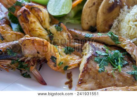 A Variety Of Seafood Grill Close Up Macro. King Prawns, Crab Langoustines And Fish With Torillas, Ch