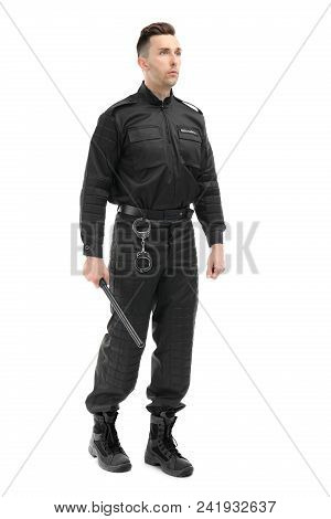 Male Security Guard With Police Baton On White Background