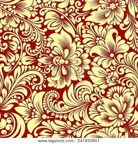 Vector Seamless Gold Pattern With Abstract Stylized Flowers In Folk Style, Hohloma, Petrikovka. Ethn