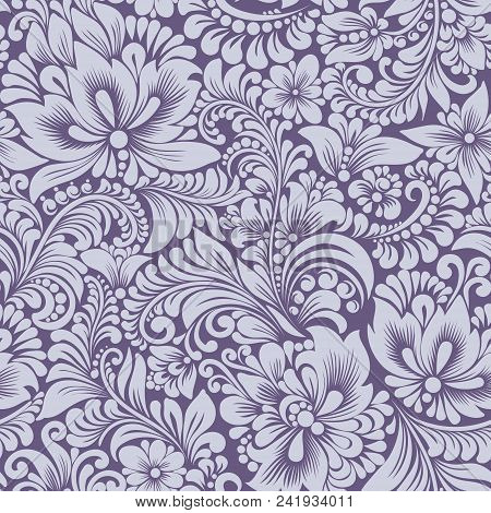 Vector Seamless  Pastel Blue Pattern With Abstract Stylized Flowers In Folk Style, Hohloma, Petrikov