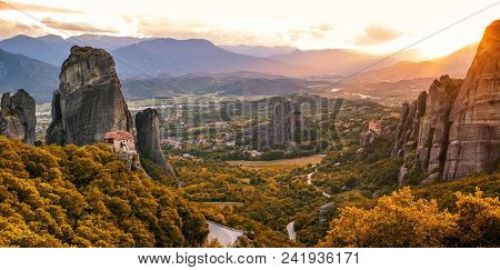 Panoramic Landscape View Of The Meteora Rock Mountain Formations In The Pindos Mountains, Greece, Du
