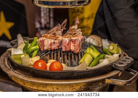 Grilled Lamb Ribs With Vegetables In Japanese Style