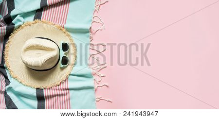 Straw Beach Sun-hat And Sun Glasses On Punchy Pink With Space For Text. Female Outfit For Beach. Sum