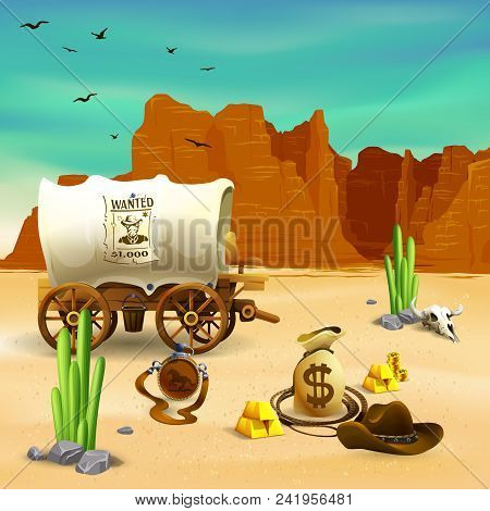Wild West Composition With Cowboy Accessories, Wagon With Wanted Poster On Red Rocks Background Vect
