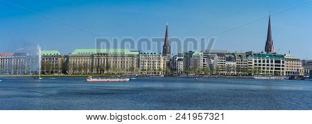 Beautiful Panoramic View Alster Lake With Fountain. Hamburg.germany