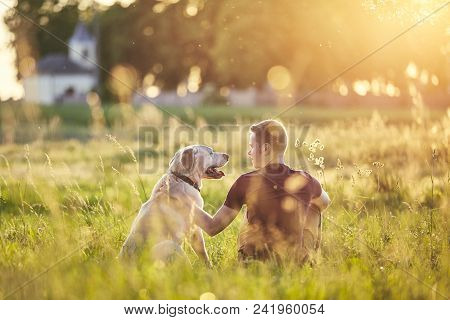 Rear View Of Young Man With Dog (labrador Retriver) In Nature At Sunset.