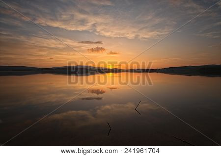 Magic Sunset At The Lipno Dam (lake). Spring Evening. Czech Republic.