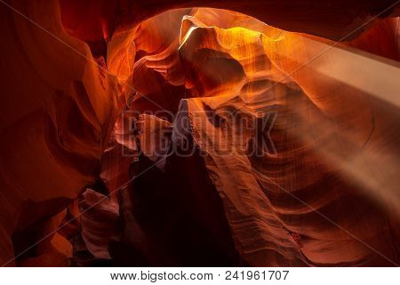 Upper Antelope Slot Canyon Showing A Light Beam Into The Canyon, Page, Arizona, Usa. The Most Popula