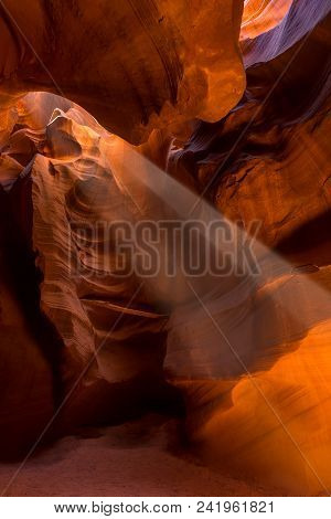 Upper Antelope Slot Canyon Showing A Light Beam Into The Canyon, Page, Arizona, Usa. The Most Popula