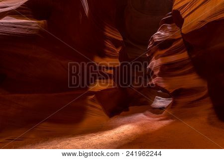 Upper Antelope Slot Canyon Showing A Light Beam Into The Canyon, Page, Arizona, Usa. The Most Popula
