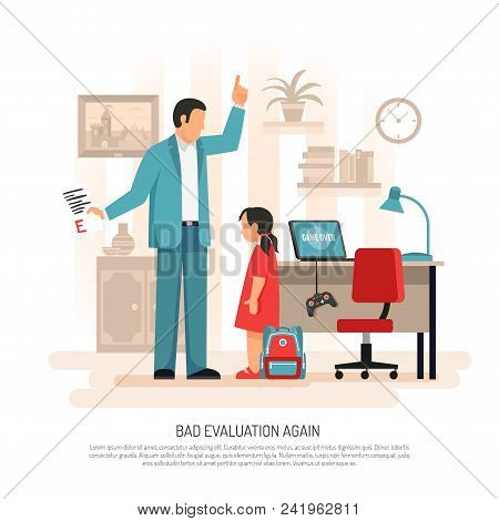 Parenting Child Rearing Flat Composition Poster With Dad And Schoolgirl Discussing Primary School Te