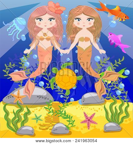 Vector Background With An Underwater World In A Children's Style. A Mermaid Is Sitting On A Rock.