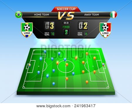 Broadcast Of Soccer Tournament, Composition On Blue Background With Information Board And Players Pl