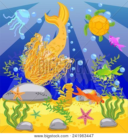 Vector Background With An Underwater World In A Children's Style. A Mermaid Is Sitting On A Rock.