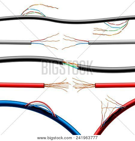 Set Of Realistic Damaged Electric Cables Of Various Diameter And Color With Sticking Wires Isolated 