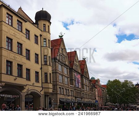 Munich, Germany: April 30, 2018- Picturesque Medieval Gothic Houses In Old Neuhauser Street. One Of 