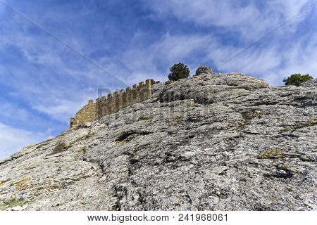 Genoese Fortress In Sudak, Crimea. Remnants Of The Wall Of The Upper Tier Of Defense Against The Sky