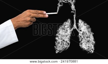Illustration Of A Man Shooting With A Cigarette Gun With A Toxic Smoke In Lung . Lung Cancer And Ill