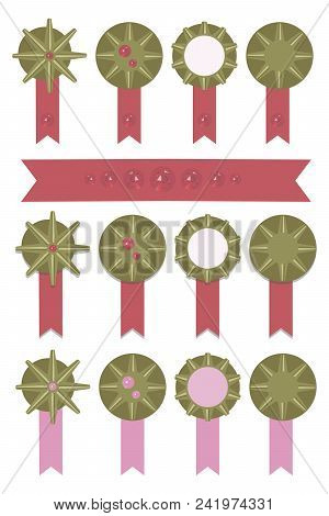 Medal Bronze Bright With Bright Red And Pink Ribbons Shining Sparkling Ruby Pattern Rating Set Vecto