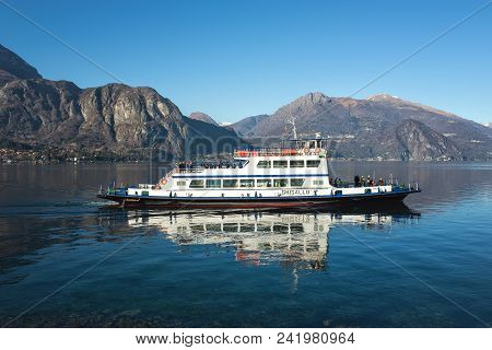 Bellagio, Italy - December 2017: Passenger Ship On Come Lake, Lombardy, Italy