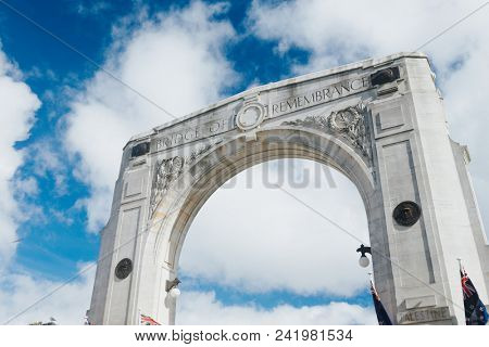 Bridge of Remembrance in the cloudy day. andmark located in Christchurch, New Zealand.