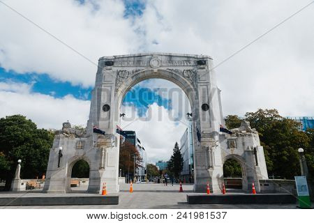 Bridge of Remembrance in the cloudy day. andmark located in Christchurch, New Zealand.